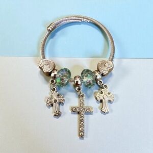 Silver Cross Charm Stainless Steel Bracelet